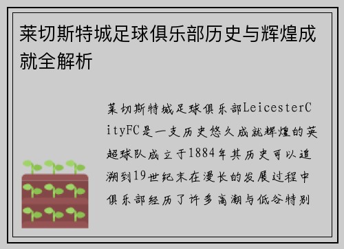 莱切斯特城足球俱乐部历史与辉煌成就全解析